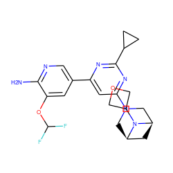 Nc1ncc(-c2cc(N3C[C@@H]4C[C@H](C3)N4C3COC3)nc(C3CC3)n2)cc1OC(F)F ZINC000653671231