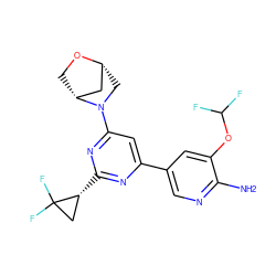 Nc1ncc(-c2cc(N3C[C@@H]4C[C@H]3CO4)nc([C@@H]3CC3(F)F)n2)cc1OC(F)F ZINC000653664376