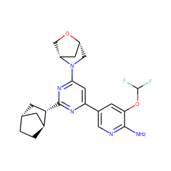 Nc1ncc(-c2cc(N3C[C@@H]4C[C@H]3CO4)nc([C@H]3C[C@H]4CC[C@H]3C4)n2)cc1OC(F)F ZINC000653676038