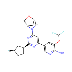 Nc1ncc(-c2cc(N3C[C@@H]4C[C@H]3CO4)nc([C@H]3CC[C@@H](F)C3)n2)cc1OC(F)F ZINC000653758357