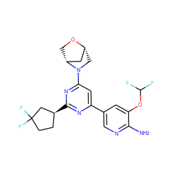 Nc1ncc(-c2cc(N3C[C@@H]4C[C@H]3CO4)nc([C@H]3CCC(F)(F)C3)n2)cc1OC(F)F ZINC000653679830