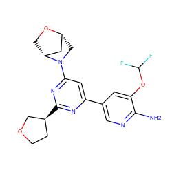 Nc1ncc(-c2cc(N3C[C@@H]4C[C@H]3CO4)nc([C@H]3CCOC3)n2)cc1OC(F)F ZINC000653762409