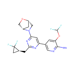 Nc1ncc(-c2cc(N3C[C@@H]4C[C@H]3CO4)nc(C[C@H]3CC3(F)F)n2)cc1OC(F)F ZINC000653775775