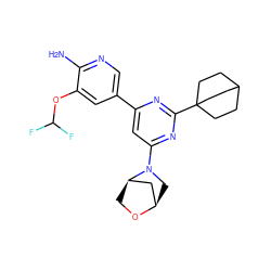 Nc1ncc(-c2cc(N3C[C@@H]4C[C@H]3CO4)nc(C34CCC(CC3)CC4)n2)cc1OC(F)F ZINC000653686447