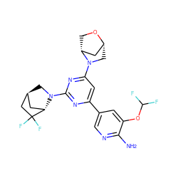 Nc1ncc(-c2cc(N3C[C@@H]4C[C@H]3CO4)nc(N3C[C@H]4C[C@H]3C(F)(F)C4)n2)cc1OC(F)F ZINC000653665390