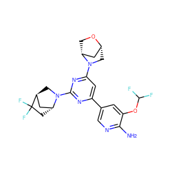 Nc1ncc(-c2cc(N3C[C@@H]4C[C@H]3CO4)nc(N3C[C@H]4C[C@H]3CC4(F)F)n2)cc1OC(F)F ZINC000653671257