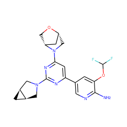 Nc1ncc(-c2cc(N3C[C@@H]4C[C@H]3CO4)nc(N3C[C@H]4C[C@H]4C3)n2)cc1OC(F)F ZINC000653775405