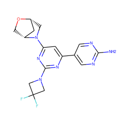 Nc1ncc(-c2cc(N3C[C@@H]4C[C@H]3CO4)nc(N3CC(F)(F)C3)n2)cn1 ZINC000221175097