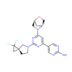 Nc1ncc(-c2cc(N3C[C@@H]4C[C@H]3CO4)nc(N3CC[C@@]4(C3)CC4(F)F)n2)cn1 ZINC000653762360