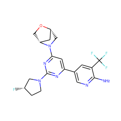 Nc1ncc(-c2cc(N3C[C@@H]4C[C@H]3CO4)nc(N3CC[C@H](F)C3)n2)cc1C(F)(F)F ZINC000653680476