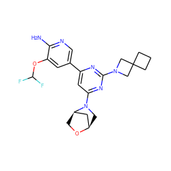 Nc1ncc(-c2cc(N3C[C@@H]4C[C@H]3CO4)nc(N3CC4(CCC4)C3)n2)cc1OC(F)F ZINC000653754931