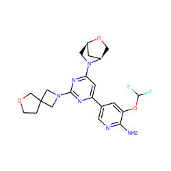 Nc1ncc(-c2cc(N3C[C@@H]4C[C@H]3CO4)nc(N3CC4(CCOC4)C3)n2)cc1OC(F)F ZINC000653679805