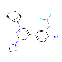 Nc1ncc(-c2cc(N3C[C@@H]4C[C@H]3CO4)nc(N3CCC3)n2)cc1OC(F)F ZINC000221344131