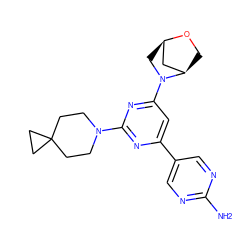 Nc1ncc(-c2cc(N3C[C@@H]4C[C@H]3CO4)nc(N3CCC4(CC3)CC4)n2)cn1 ZINC000221189743