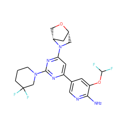 Nc1ncc(-c2cc(N3C[C@@H]4C[C@H]3CO4)nc(N3CCCC(F)(F)C3)n2)cc1OC(F)F ZINC000653680475