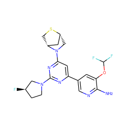 Nc1ncc(-c2cc(N3C[C@@H]4C[C@H]3CS4)nc(N3CC[C@@H](F)C3)n2)cc1OC(F)F ZINC000653748768