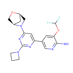 Nc1ncc(-c2cc(N3C[C@H]4C[C@@H]3CO4)nc(N3CCC3)n2)cc1OC(F)F ZINC000653673693