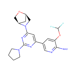 Nc1ncc(-c2cc(N3C[C@H]4C[C@@H]3CO4)nc(N3CCCC3)n2)cc1OC(F)F ZINC000653668875