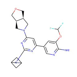 Nc1ncc(-c2cc(N3C[C@H]4COC[C@H]4C3)nc(N3CC4CC3C4)n2)cc1OC(F)F ZINC000653667545