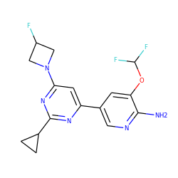 Nc1ncc(-c2cc(N3CC(F)C3)nc(C3CC3)n2)cc1OC(F)F ZINC000653769226