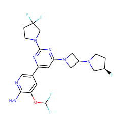 Nc1ncc(-c2cc(N3CC(N4CC[C@@H](F)C4)C3)nc(N3CCC(F)(F)C3)n2)cc1OC(F)F ZINC000653751518