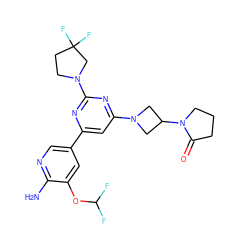 Nc1ncc(-c2cc(N3CC(N4CCCC4=O)C3)nc(N3CCC(F)(F)C3)n2)cc1OC(F)F ZINC000653754897