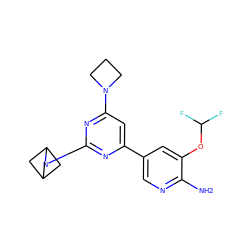 Nc1ncc(-c2cc(N3CCC3)nc(N3CC4CC3C4)n2)cc1OC(F)F ZINC000653752951