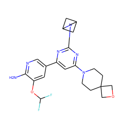 Nc1ncc(-c2cc(N3CCC4(CC3)COC4)nc(N3CC4CC3C4)n2)cc1OC(F)F ZINC000653668903