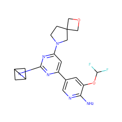 Nc1ncc(-c2cc(N3CCC4(COC4)C3)nc(N3CC4CC3C4)n2)cc1OC(F)F ZINC000653668786