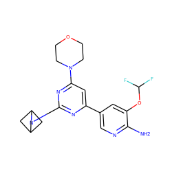 Nc1ncc(-c2cc(N3CCOCC3)nc(N3CC4CC3C4)n2)cc1OC(F)F ZINC000653763861