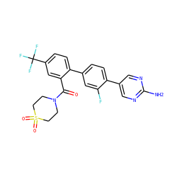 Nc1ncc(-c2ccc(-c3ccc(C(F)(F)F)cc3C(=O)N3CCS(=O)(=O)CC3)cc2F)cn1 ZINC000224767152