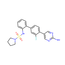 Nc1ncc(-c2ccc(-c3ccccc3NS(=O)(=O)N3CCCC3)cc2F)cn1 ZINC000224797979