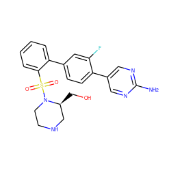Nc1ncc(-c2ccc(-c3ccccc3S(=O)(=O)N3CCNC[C@@H]3CO)cc2F)cn1 ZINC000224779657