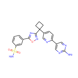 Nc1ncc(-c2ccc(C3(c4noc(-c5cccc(S(N)(=O)=O)c5)n4)CCC3)cn2)cn1 ZINC000096175422