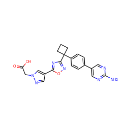Nc1ncc(-c2ccc(C3(c4noc(-c5cnn(CC(=O)O)c5)n4)CCC3)cc2)cn1 ZINC000150069075