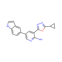 Nc1ncc(-c2ccc3[nH]ccc3c2)cc1-c1nnc(C2CC2)o1 ZINC000142772913