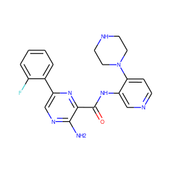 Nc1ncc(-c2ccccc2F)nc1C(=O)Nc1cnccc1N1CCNCC1 ZINC000203753821