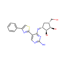 Nc1ncc(-c2nc(-c3ccccc3)cs2)c(N[C@@H]2C[C@H](CO)[C@@H](O)[C@H]2O)n1 ZINC000207481270