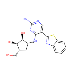 Nc1ncc(-c2nc3ccccc3s2)c(N[C@@H]2C[C@H](CO)[C@@H](O)[C@H]2O)n1 ZINC000084634836