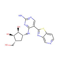 Nc1ncc(-c2nc3cnccc3s2)c(N[C@@H]2C[C@H](CO)[C@@H](O)[C@H]2O)n1 ZINC000207492775