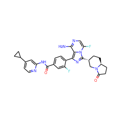 Nc1ncc(F)n2c([C@@H]3CC[C@H]4CCC(=O)N4C3)nc(-c3ccc(C(=O)Nc4cc(C5CC5)ccn4)cc3F)c12 ZINC000145602591