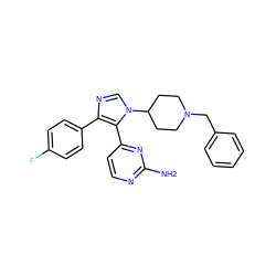 Nc1nccc(-c2c(-c3ccc(F)cc3)ncn2C2CCN(Cc3ccccc3)CC2)n1 ZINC000026725965