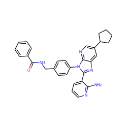 Nc1ncccc1-c1nc2cc(C3CCCC3)cnc2n1-c1ccc(CNC(=O)c2ccccc2)cc1 ZINC000095578609