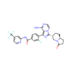 Nc1nccn2c([C@@H]3CC[C@H]4CCC(=O)N4C3)nc(-c3ccc(C(=O)Nc4cc(C(F)(F)F)ccn4)cc3F)c12 ZINC000145573506