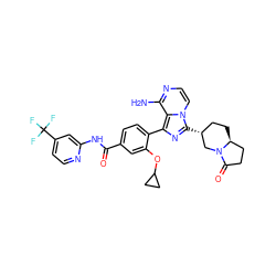 Nc1nccn2c([C@@H]3CC[C@H]4CCC(=O)N4C3)nc(-c3ccc(C(=O)Nc4cc(C(F)(F)F)ccn4)cc3OC3CC3)c12 ZINC000145475754