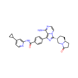 Nc1nccn2c([C@@H]3CC[C@H]4CCC(=O)N4C3)nc(-c3ccc(C(=O)Nc4cc(C5CC5)ccn4)cc3)c12 ZINC000145674316