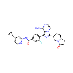 Nc1nccn2c([C@@H]3CC[C@H]4CCC(=O)N4C3)nc(-c3ccc(C(=O)Nc4cc(C5CC5)ccn4)cc3F)c12 ZINC000145613382