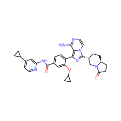 Nc1nccn2c([C@@H]3CC[C@H]4CCC(=O)N4C3)nc(-c3ccc(C(=O)Nc4cc(C5CC5)ccn4)cc3OC3CC3)c12 ZINC000145557801