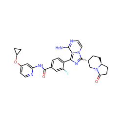 Nc1nccn2c([C@@H]3CC[C@H]4CCC(=O)N4C3)nc(-c3ccc(C(=O)Nc4cc(OC5CC5)ccn4)cc3F)c12 ZINC000145358638