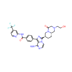 Nc1nccn2c([C@@H]3CC[C@H]4CN(CCO)CC(=O)N4C3)nc(-c3ccc(C(=O)Nc4cc(C(F)(F)F)ccn4)cc3)c12 ZINC000145463315